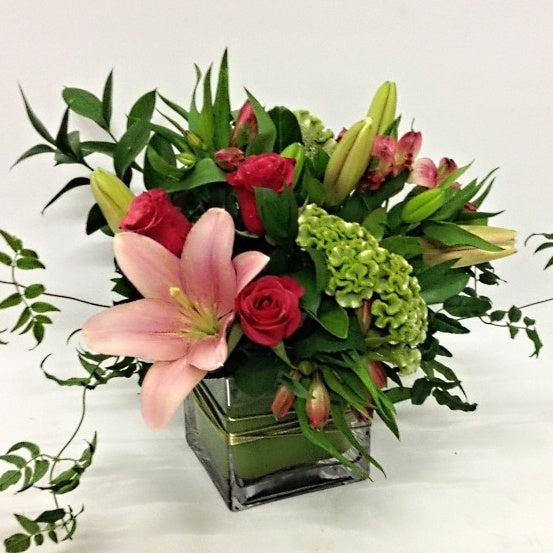 Lily, Roses and Celosia in a Glass Cube